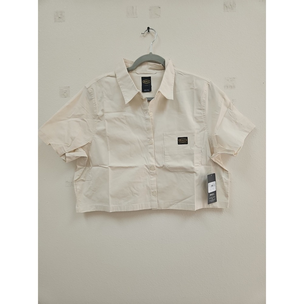 RVCA Recession Collection Dayshift Short Sleeve Cropped Shirt Latte L/12 New
